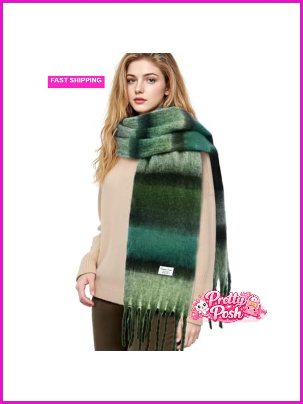 Chunky Winter Scarf Women Warm Oversized Plaid Tassel Shawl 90x15